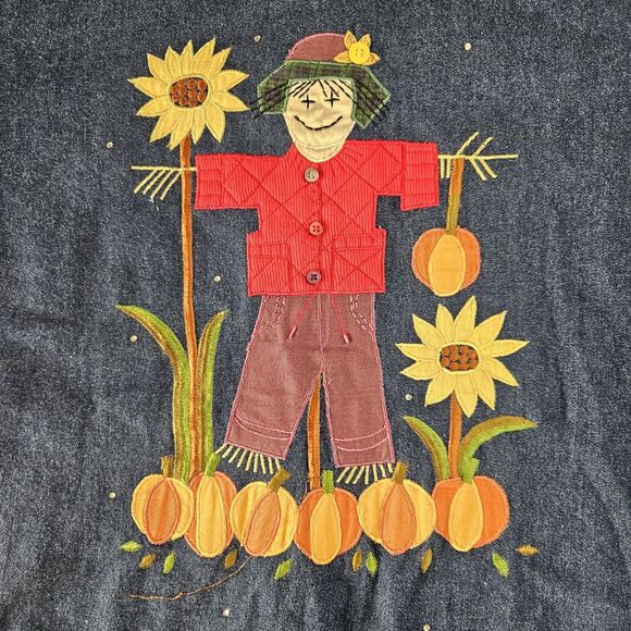 Quacker Factory Blue Denim Jacket Size M Fall Pumpkins Scarecrow Sunflowers - Picture 7 of 12